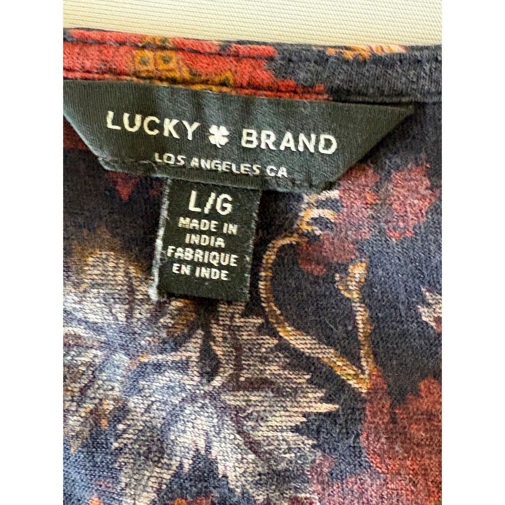 Lucky Brand Women Red Navy Floral Pleated V-Neck 3/4 Sleeve Cotton Modal Top L - Picture 8 of 11